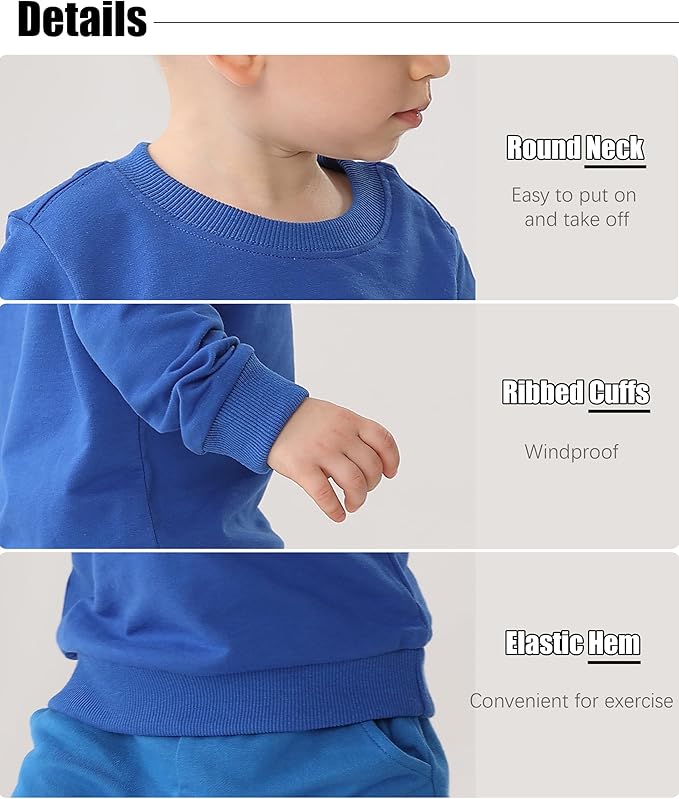 GFQLONG Toddler Boys 2 Pack Cotton Crewneck Sweatshirt, Baby Solid Long Sleeve Pullover Tops