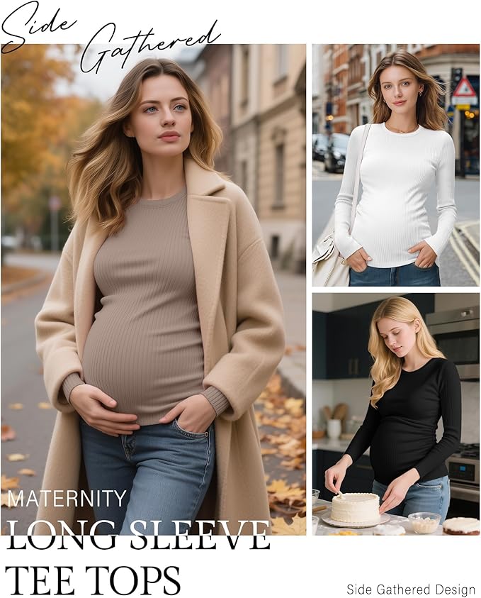 Ficerd 4 Pack Women's Maternity Shirts Cotton Long Sleeve Ribbed Crew Neck Pregnancy Tops Side Ruched Casual Mama Clothes