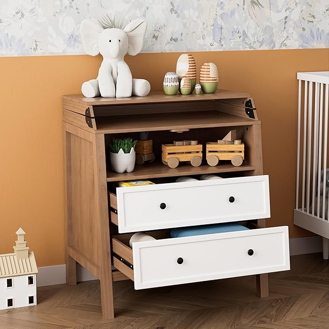 UbabyNest Baby Changing Table with Foldable Tabletop, Baby Dresser with 2 Wide Drawers & Open Storage Space, Modern Diaper Changing Station, Perfect for Nursery,White& Wood (Pad Not Included)