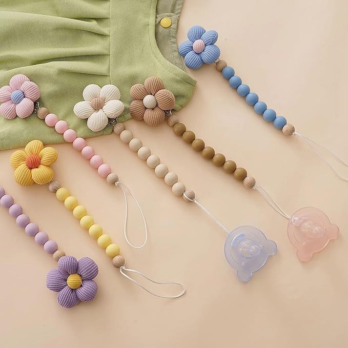 2pcs Flower Pacifier Clip, Silicone Bead Pacifier Clip for Baby Girls Pink Purple Color Daisy Birthday Christmas Gift(B)
