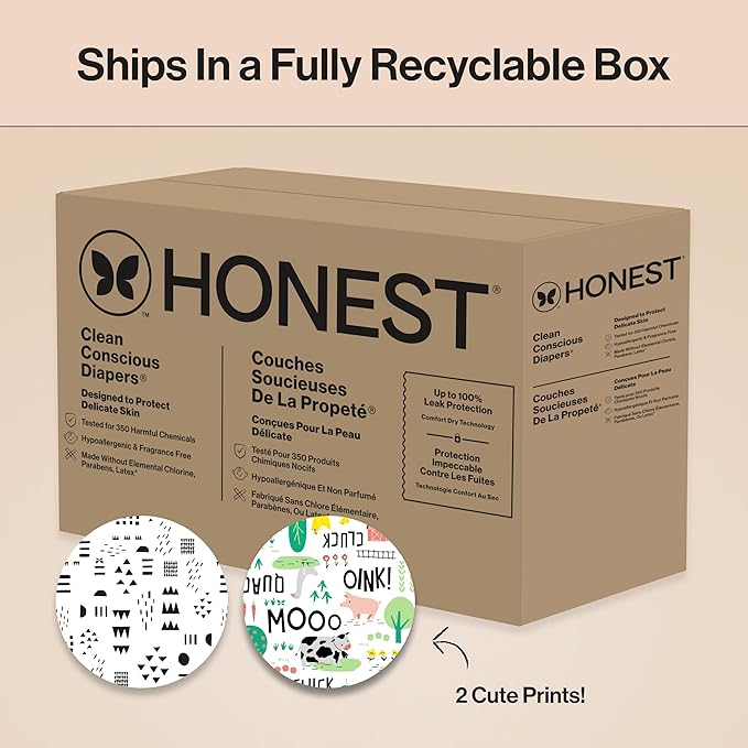 The Honest Company Comfort Dry Disposable Diapers for Sensitive Skin, Hypoallergenic, Barnyard Babies + Pattern Play, Super Club Box, Size 7, (41 lbs), 64 Count