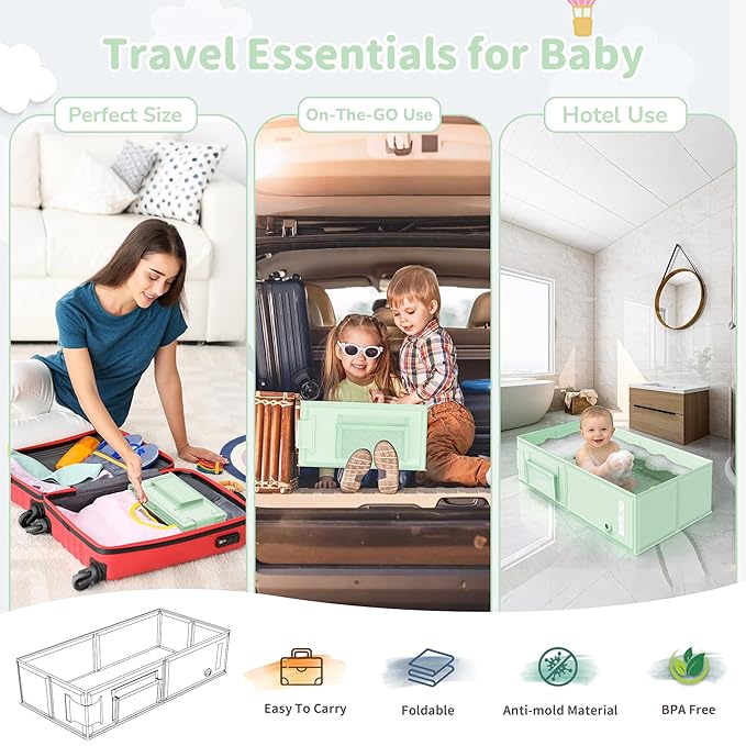 Baby Bathtub, Collapsible & Portable Bathtub with Cat-Patterned Bath Rinse Cup,Foldable Bath Tub for Small Bathroom,Toddler Tub for 6M-5Y,Baby Travel Essentials for Hotel,Camping & Beach