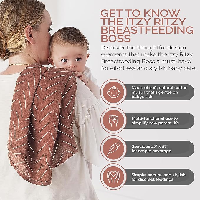 Itzy Ritzy Breastfeeding Boss Multi-Use Cover – A Nursing Cover, Swaddle, Car Seat Wrap, Tummy Time Mat & Burp Cloth All in One – Made of Soft Muslin Fabric & Measures 47” x 47” (Mudcloth)