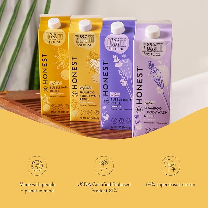 The Honest Company 2-in-1 Cleansing Shampoo Body Wash Refill Carton, Gentle for Baby, Naturally Derived, Tear-free, Hypoallergenic, Citrus Vanilla Refresh, 32 fl oz, (Pack of 2)
