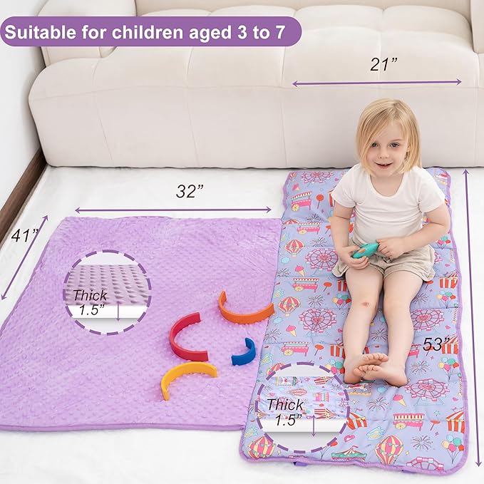 Viviland Toddler Nap Mat, Rolled Sleeping Mats with Pillow and Minky Dot Blanket, Large Thick Kids Girls Slumber Bag/Sleeping Mat for Preschool, Daycare, Kindergarten, Travel Camping