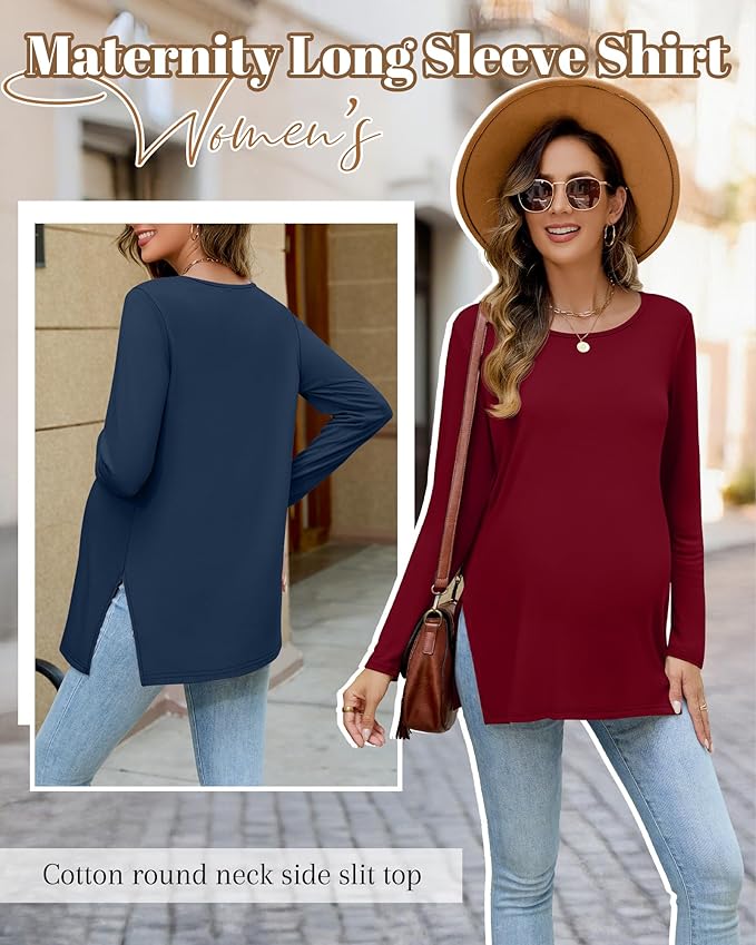 Riyiper 3 Pack Women's Maternity Long Sleeve T-Shirts Round Neck Side Split Tops Loose Casual Pregnancy Mama Clothes Fall