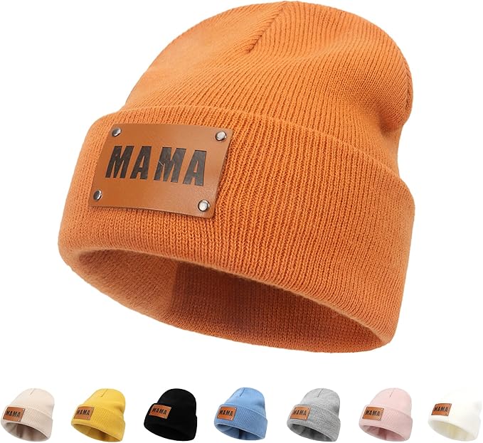 Personalized Name Baby Beanie Hat Leather Patch - Apricot Beanies Knit Hat Birthday Gifts for Kids Toddler to Adults