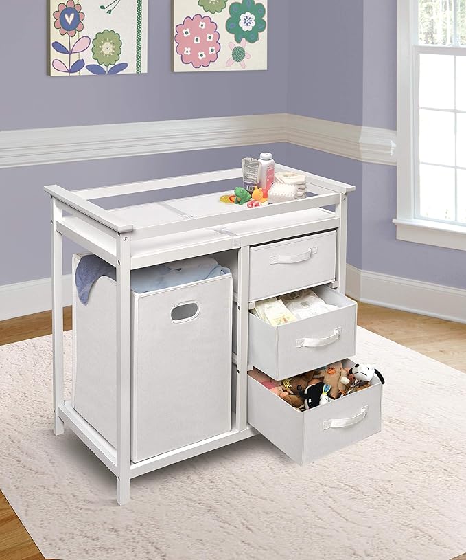 Badger Basket Modern Baby Changing Table - Nursery Furniture with Laundry Hamper and 3 Storage Drawers - Diaper Changing Station with Safety Belt, Changing Pad, and Organizer Baskets - White