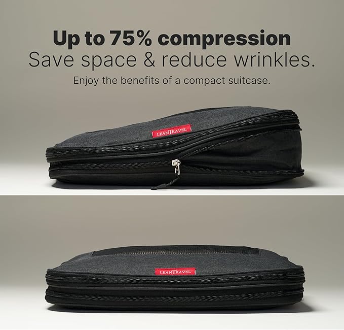 LeanTravel Compression Packing Cubes for Travel Organizers with Double Zipper (6-Pack (2L+2M+2S), Black)