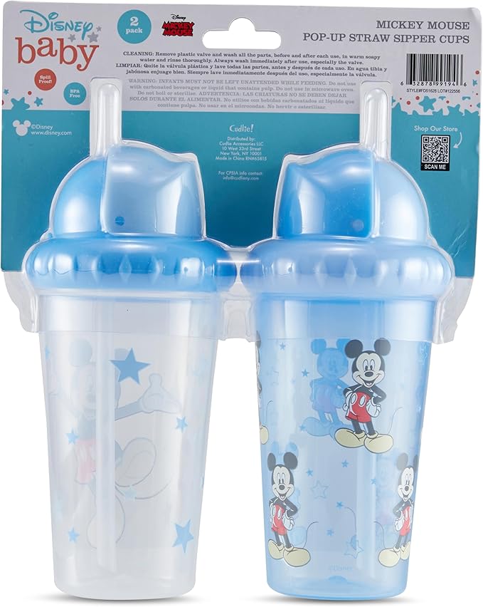 Disney Toddler Sippy Cups for Boys and Girls | 10 Ounce Sippy Cup Pack of Two with Straw and Lid | Durable Leak Proof Travel Water Bottle for Toddlers