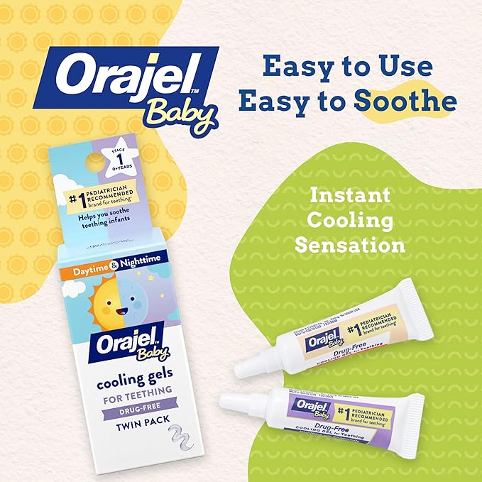 Orajel Baby Daytime & Nighttime Cooling Gels for Teething, Drug - Free, #1 Pediatrician Recommended Brand for Teething*, Two 0.18oz Tubes