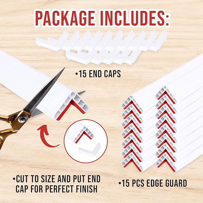 Rubber Bond Wall Corner Guard Edge Protector, 1x1x36 inch Baby Proofing Corner Guards | Self-Adhesive Furniture Edge Strips for Home & Office (15 Pack, White)
