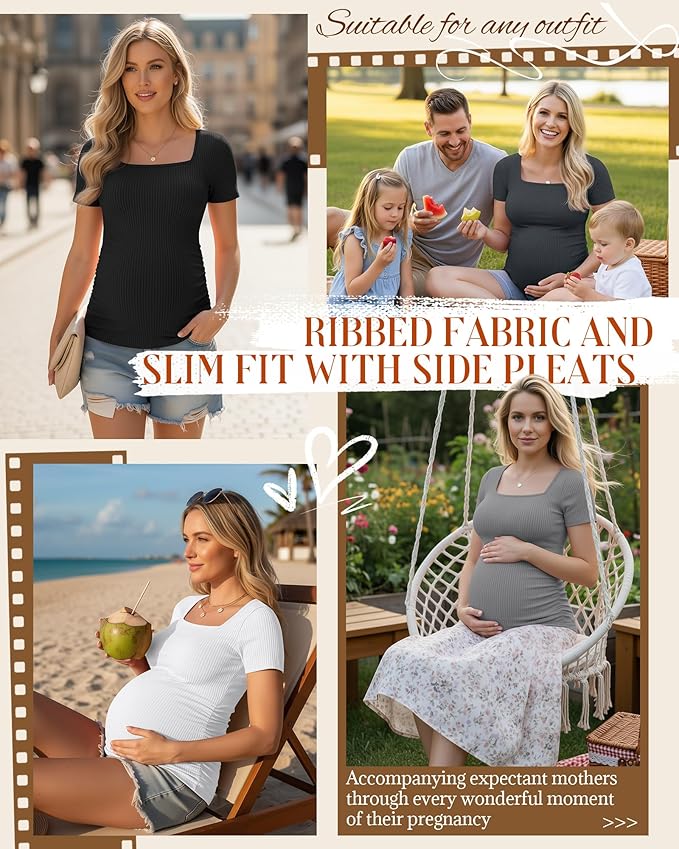 Huukeay 4 Pack Women's Maternity Shirts Cotton Ribbed Short Sleeve Square Neck Pregnancy Tops Side Ruched Summer Tee