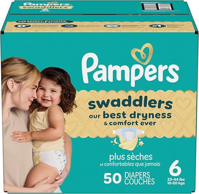 Pampers Swaddlers Diapers, Size 6 (23-44 lbs), 50 Count, Absorbent, Keeps Baby Dry and Comfortable, Skin Safe Disposable Baby Diaper (Packaging May Vary)
