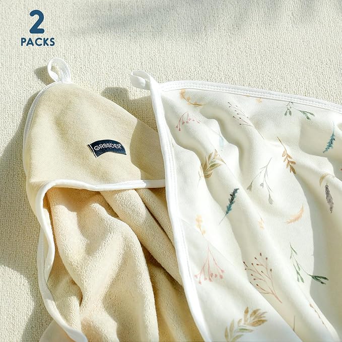 GRSSDER Baby Hooded Towel 2 Pack for Newborn, Super Soft Bath Towels with Original Designs, Ultra Absorbent Knit Terry, Large Toddler Towels with Hood for Boys Girls, Shower Gifts for Infant,34"x 34"
