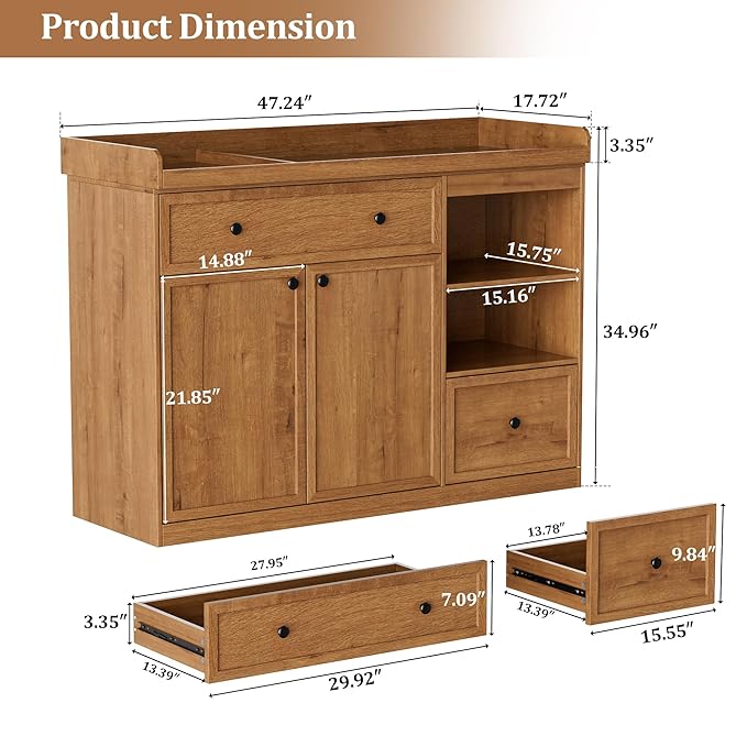 Wide Baby Changing Table Dresser with 2 Doors, 2 Different Size Drawer&Storage Cubbies, Durable Wood Construction, Built-in Shelves of Ample Storage for Nursery (Natural Wood)