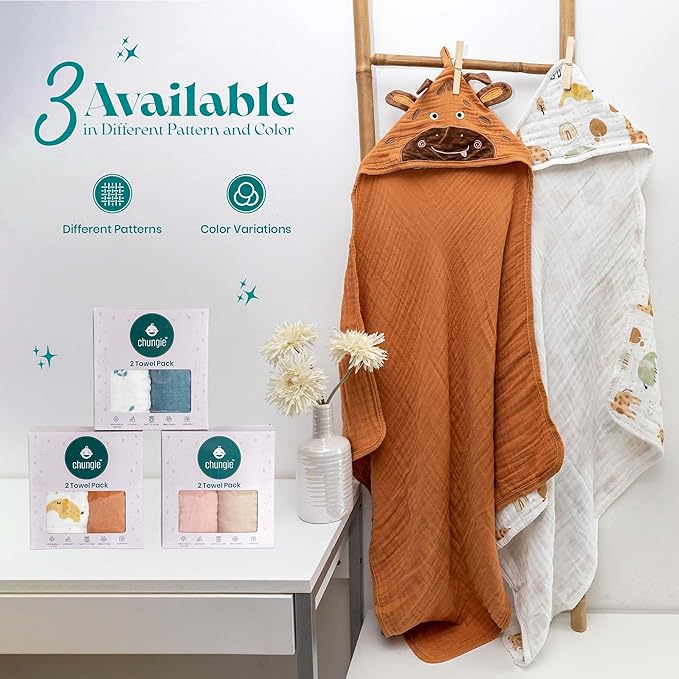 Chungie Soft Muslin Hooded Baby Towels 32x32 inches – 100% Cotton, 6-Layer Breathable Newborn Bath Towels with Hood, Pack of 2 (Printed + Embroidered)