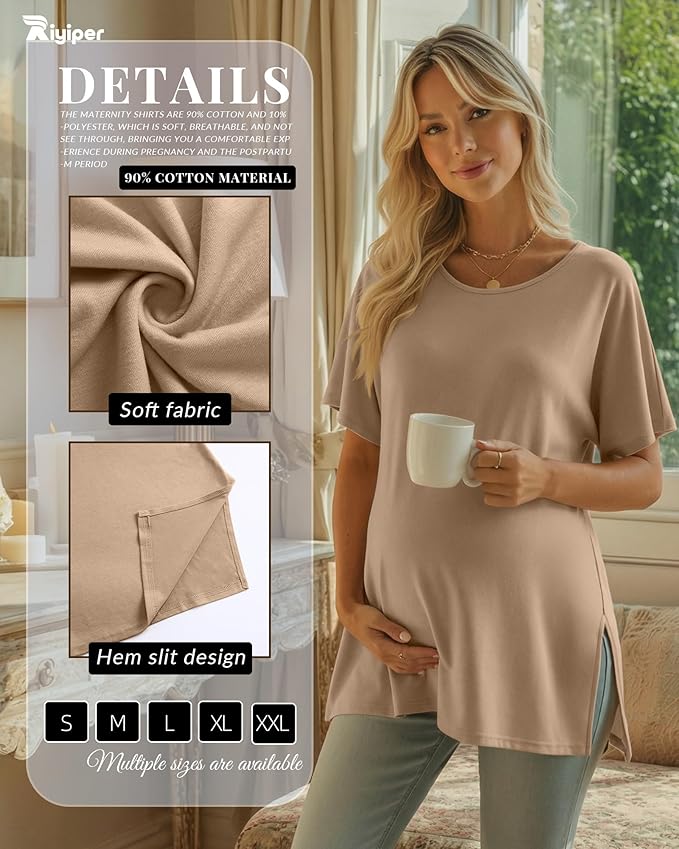 Riyiper 3 Pack Women's Maternity Tunic Shirts Cotton Summer Pregnancy Clothes Loose Oversized Split Side Blouse Tops