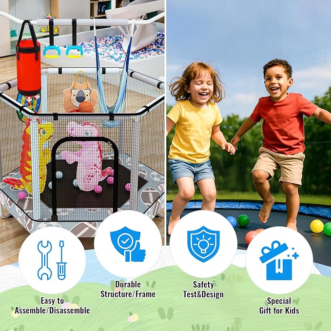 LAMERGE 55" 7-in-1 Round Trampoline for Kids Boys & Girls Ages 1-8, Indoor & Outdoor Trampoline for Fun, Adjustable Height Handrail ＆ Enclosed Safety Net ＆ Durable Designs for Toddlers Children