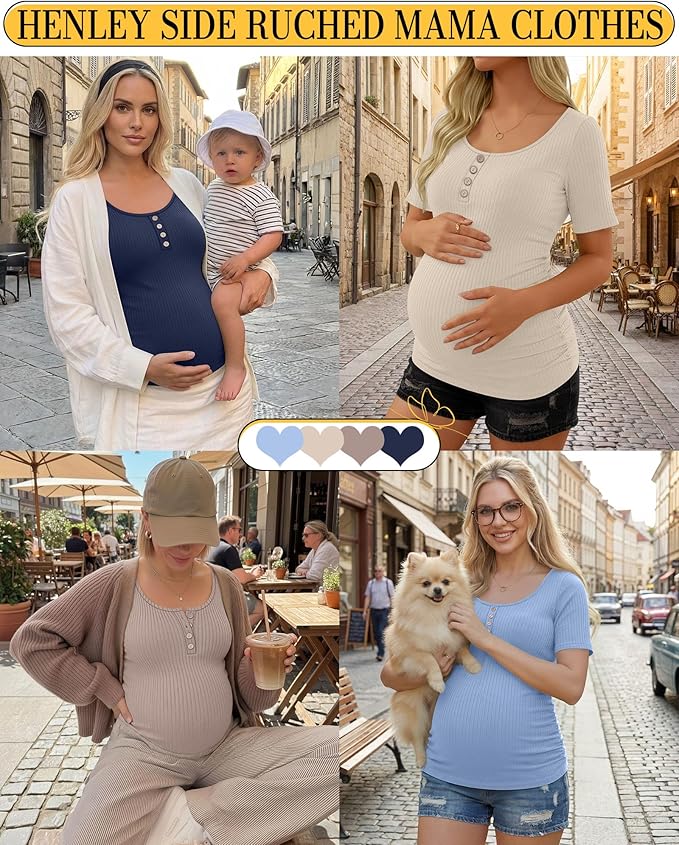 4 Pack Womens Maternity Shirts Scoop Neck Cotton Short Sleeve Ribbed Pregnancy Top Henley Side Ruched Mama Clothes