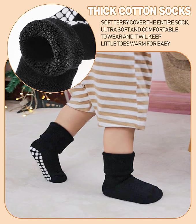 LANLEO Baby Girls Boys Non Slip Socks with Grips Toddler Kids Unisex Warm Thick Cotton Ankle Crew Socks with Grippers
