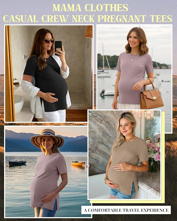 Ficerd 3 Pack Women's Maternity T Shirts, Short Sleeve Side Split Pregnancy Tops Casual Crew Neck Pregnant Tees Mama Clothes