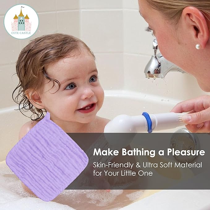 Cute Castle 12 Pack Muslin Baby Washcloths - Large 12'' by 12'' - Ultra Soft 100% Cotton - Super Absorbent Burp Cloths for Unisex, Boy, Girl -Purple