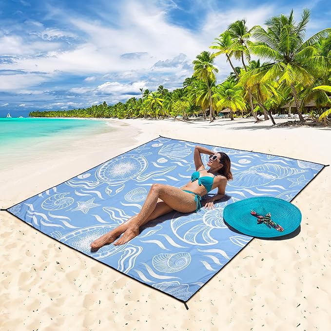 Beach Blanket Waterproof Sandproof Beach Mat 79" X 83"/10'x9'for 2-8 Adults Quick Drying Outdoor Picnic Mat Beach Accessories for Travel, Camping, Hiking
