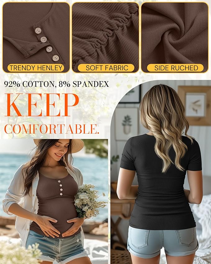 4 Pack Womens Maternity Shirts Scoop Neck Cotton Short Sleeve Ribbed Pregnancy Top Henley Side Ruched Mama Clothes