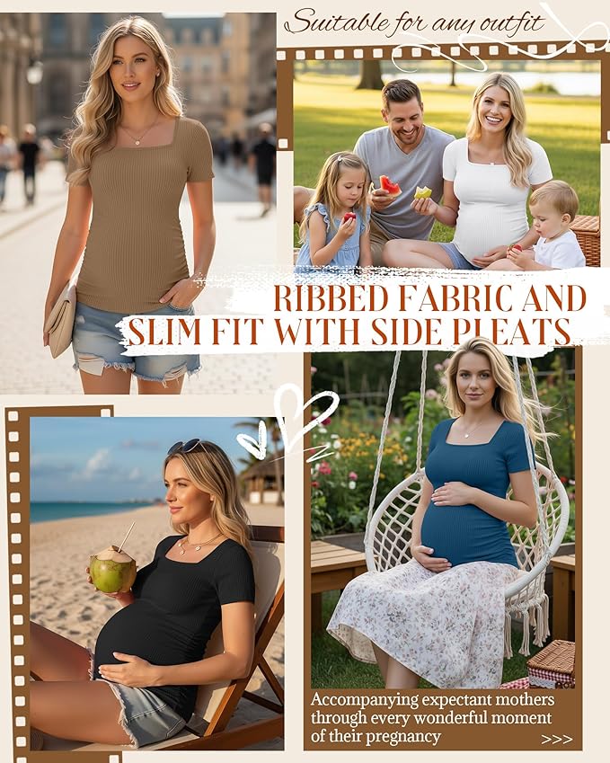 Huukeay 4 Pack Women's Maternity Shirts Cotton Ribbed Short Sleeve Square Neck Pregnancy Tops Side Ruched Summer Tee