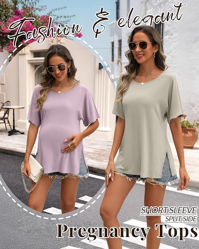 Riyiper 3 Pack Women's Maternity Tunic Shirts Cotton Summer Pregnancy Clothes Loose Oversized Split Side Blouse Tops