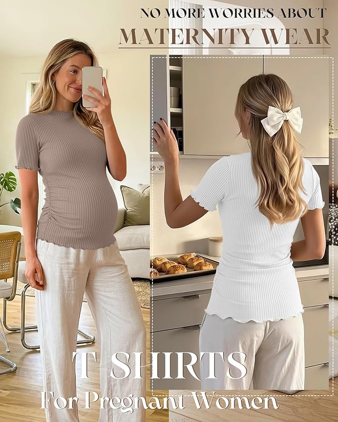3 Pack Women's Maternity Tops Short Sleeve Ribbed Knit Maternity Shirts Crew Neck Side Ruched Pregnancy Clothes