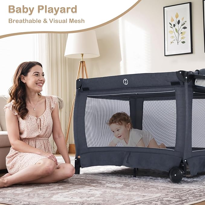 4 in 1 Multifunctional Pack and Play, Foldable Baby Playards with Changing Table & Breathable Mesh, Baby Playpen for Babies and Toddlers, Grey