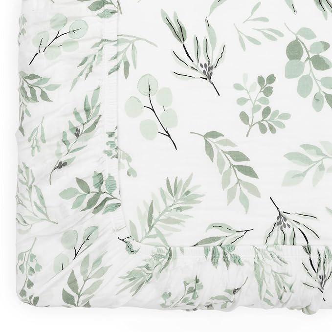 Organic Muslin Changing Pad Cover - Fitted Baby Changing Mat, Soft and Breathable, Eucalyptus Leaves, 16”x32”
