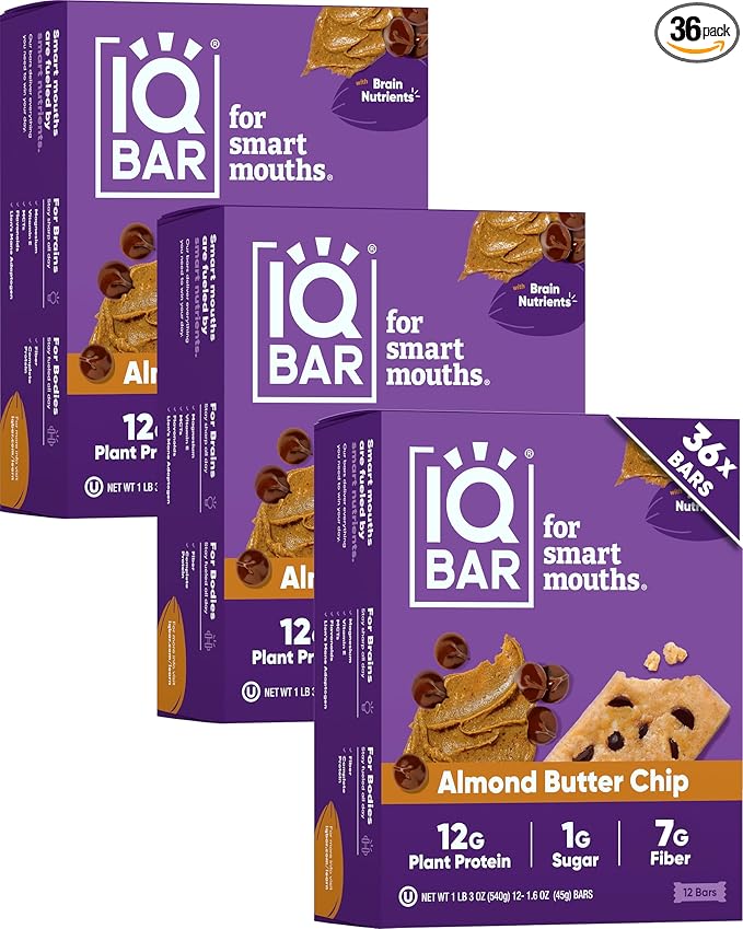 IQBAR Brain and Body Clean Plant Protein Bars - Almond Butter Chip - 36 Bars - Keto, Vegan, High Fiber, Gluten and Dairy Free, Low Sugar Snack with Nutrients for Focus, Energy, Meal Replacement