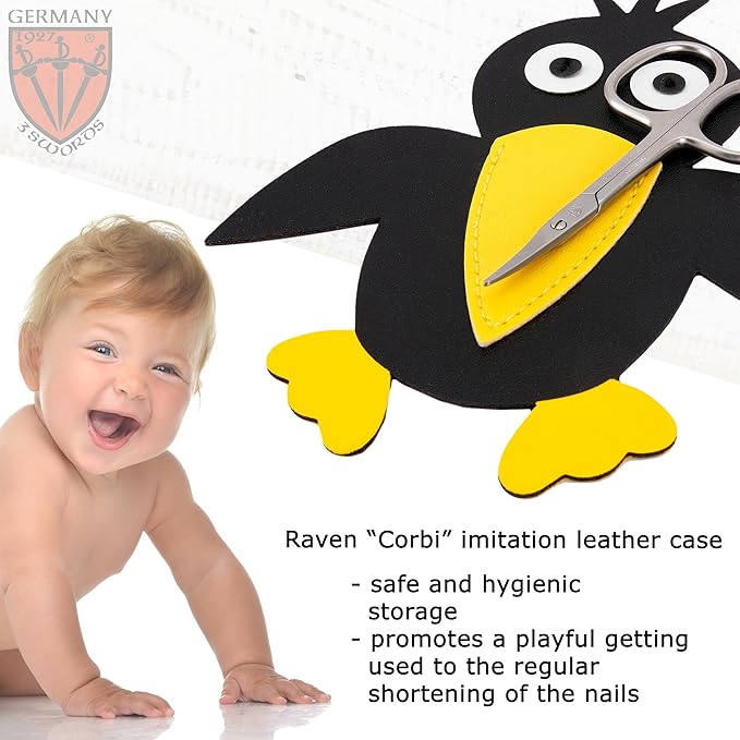 3 Swords Germany - Baby Nail Scissors Safety Scissors with round tips for Children - Babies - toddlers - Infants with Funny Bird case 'Corbi' - Stainless Steel Brand Quality Made in Germany (555)