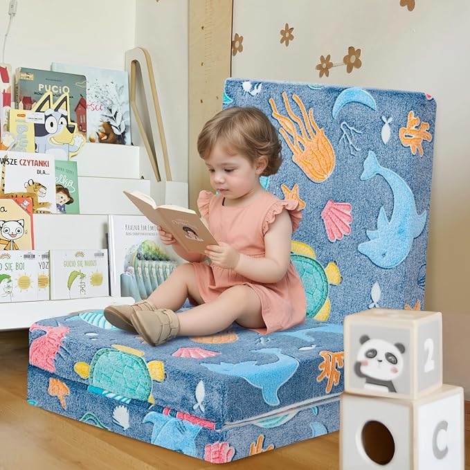 MeMoreCool Foldable Floor Mattress for Kids, Glow Trifold Mat, Kids Folding Mattress Portable Futon, 57x22 Inch Blue