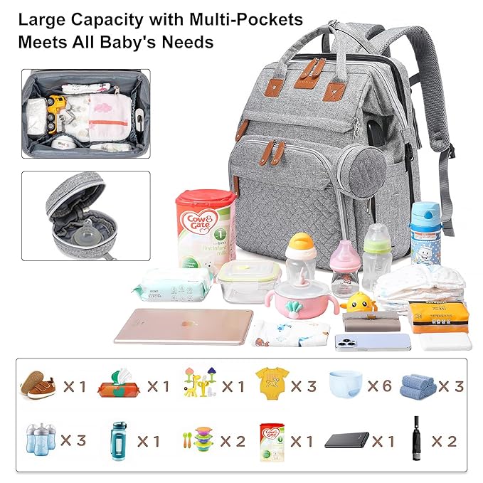 Baby Diaper Bags with Changing Station Multifunctional Waterproof Diaper Bag Backpack Travel Baby Bag with Changing Pad, Pacifier Case,Baby Essentials(Grey)