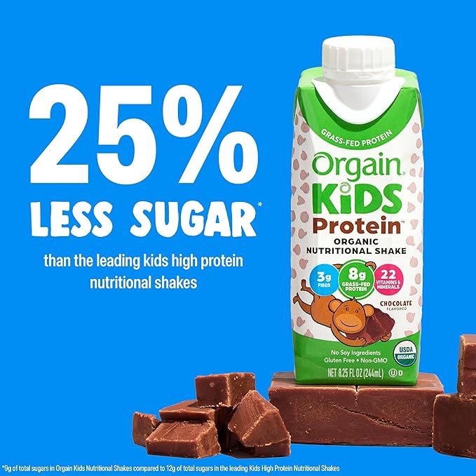 Orgain Organic Kids Nutritional Protein Shake, Chocolate, Healthy Kids Snacks, 8g Dairy Protein, 3g Fiber, 22 Vitamins & Minerals, No Soy Ingredients, Gluten Free, Non-GMO, 8.25 Fl Oz (Pack of 12)
