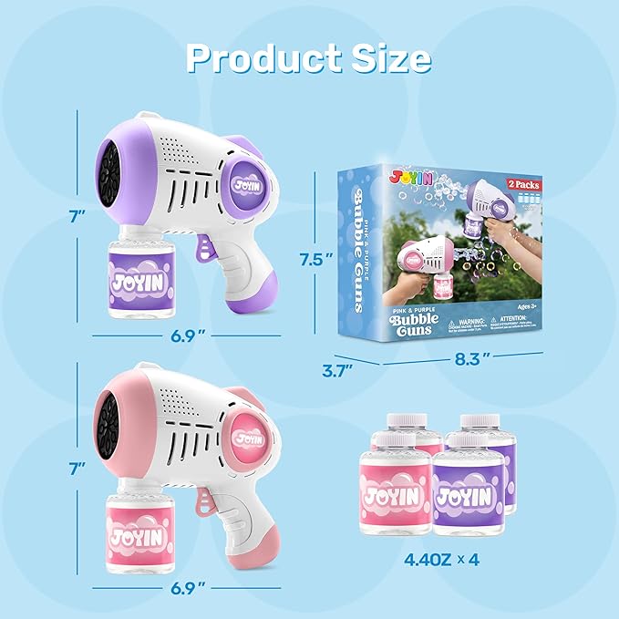 JOYIN 2 Kids Bubble Guns with 4 Bottles Solution, Automatic Bubble Machine Gun with 8 Holes for Kids, Adults, Summer Toys, Easter Basket Stuffers, Birthday Gift, Party Favors-Purple，Pink