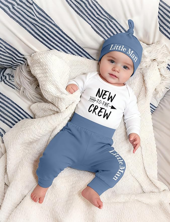 Fommy Newborn Baby Boy Clothes New to The Crew Letter Print Romper+ Pants+Hat 3PCS Outfit