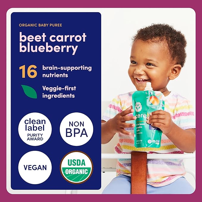 Cerebelly Organic Baby Food Pouches, Beet Carrot Blueberry Purees, 16 Nutrients, No Added Sugar, Fiber & Non-GMO, 4oz, 12 Pack