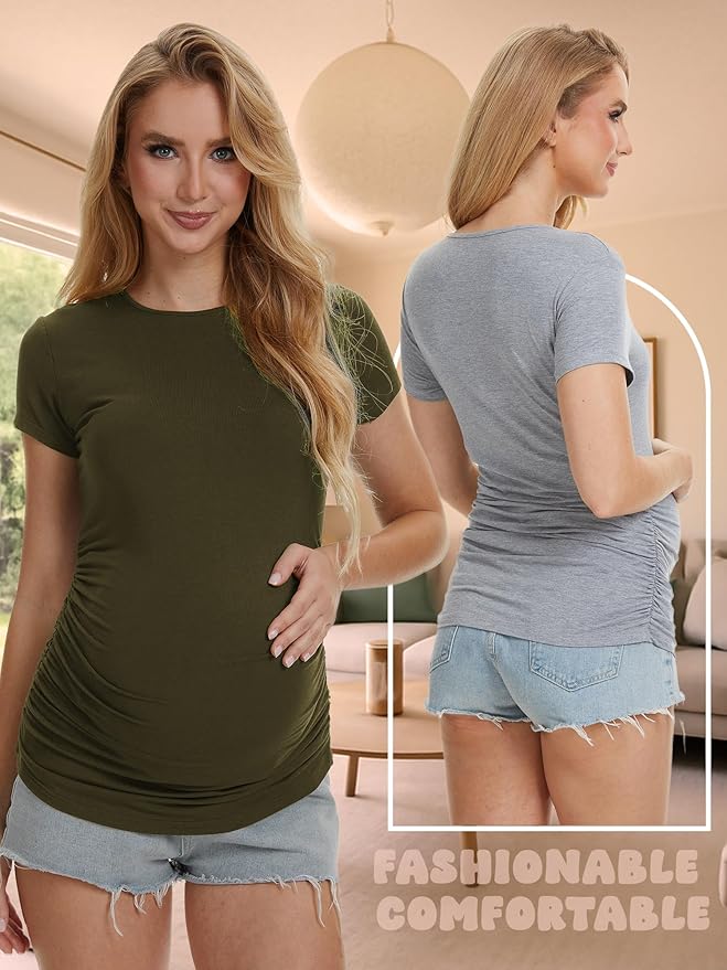 3 Pack Womens Maternity Shirts - Crew Neck Maternity Top Short Sleeve Pregnancy Tee Shirts
