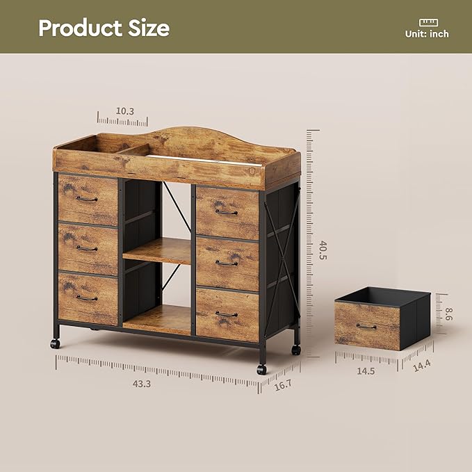 Changing Table, 6-Drawer Baby Dresser with Changing Table top,Waterproof Diaper Changing Station & Pad, 2 Height-Adjustable Open Storage Shelves, Mobile Nursery Organizer, Rustic Brown