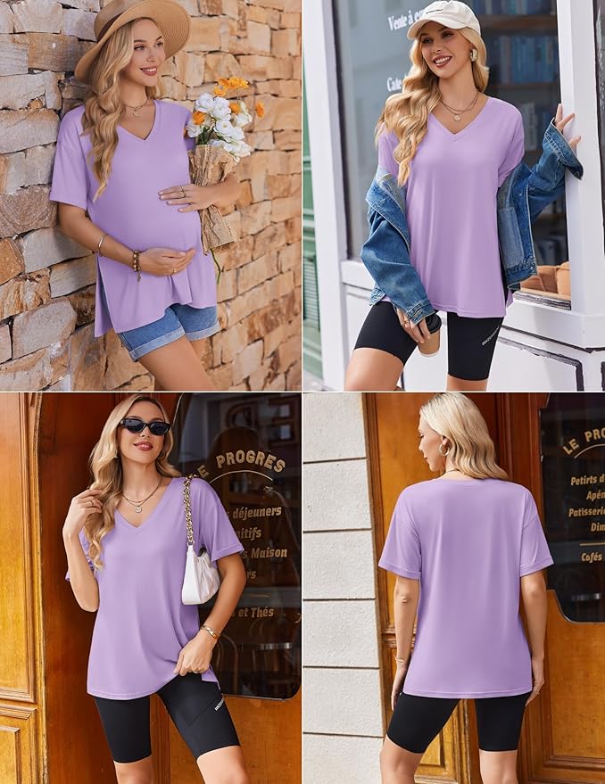 Ekouaer 3 Packs Women's Maternity Shirts V Neck Pregnancy Tops Short Sleeve Casual Workout Tees Side Split Mama Clothes