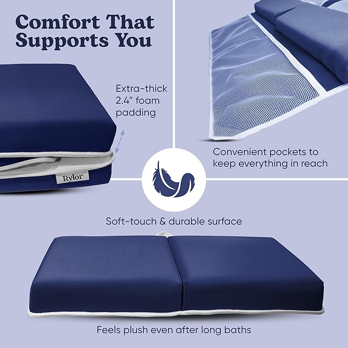 Rylor Premium Baby Bath Kneeler Mat & Elbow Rest Pad Set – Comfortable Bath Kneeler and Elbow Kneeling Rest Pad for Parents, Extra Long 26'', 2.4'' Thick, Non-Slip Support for Easy Bath Time (Blue)