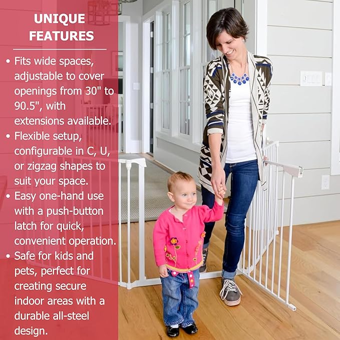 Cardinal Gates EX100 XpandaGate Expandable Baby Gate - Extra Wide Dog Gate - Adjustable Safety Gate for Kids & Pets - 30 to 90 Inches Wide - White