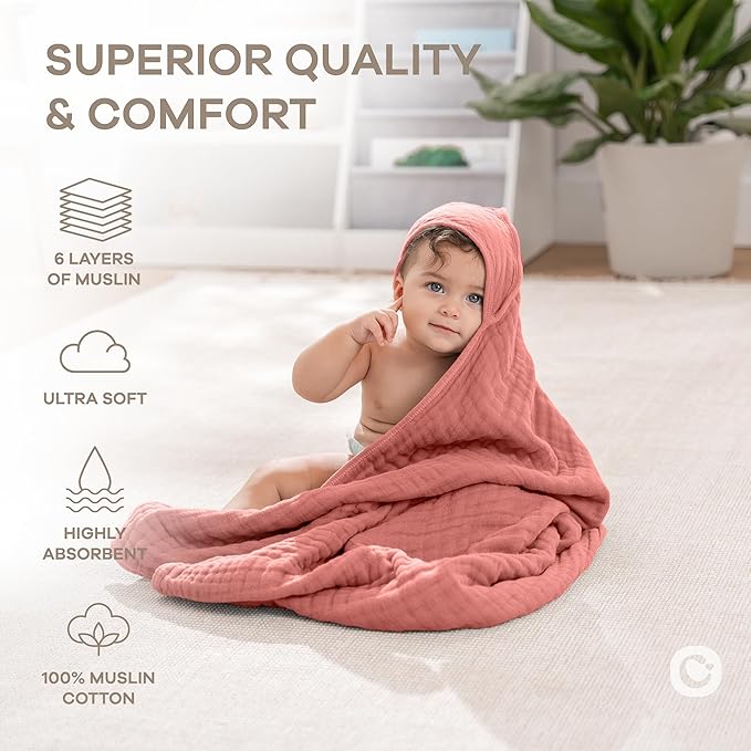 Comfy Cubs Hooded Baby Towel 2-Pack, Large 32 x 32 Inch - 6 Layer 100% Muslin Cotton for Babies, Toddlers and Kids - Soft & Absorbent Baby Bath Towels - Unisex Design for Bath Time - Dusty Rose