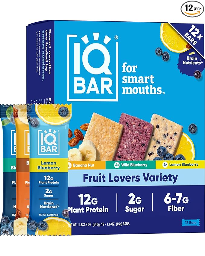 IQBAR Brain and Body Clean Plant Protein Bars - Fruit Lovers Variety - 12 Bars - Keto, Vegan, High Fiber, Gluten and Dairy Free, Low Sugar Snack with Nutrients for Focus, Energy, Meal Replacement