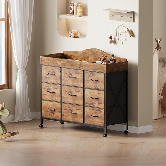 Baby Changing Table with 9 Fabric Drawers, Waterproof Diaper Changing Station & Pad, Mobile Nursery Diaper Changing Table, Baby Furniture, Bedroom, Rustic Brown